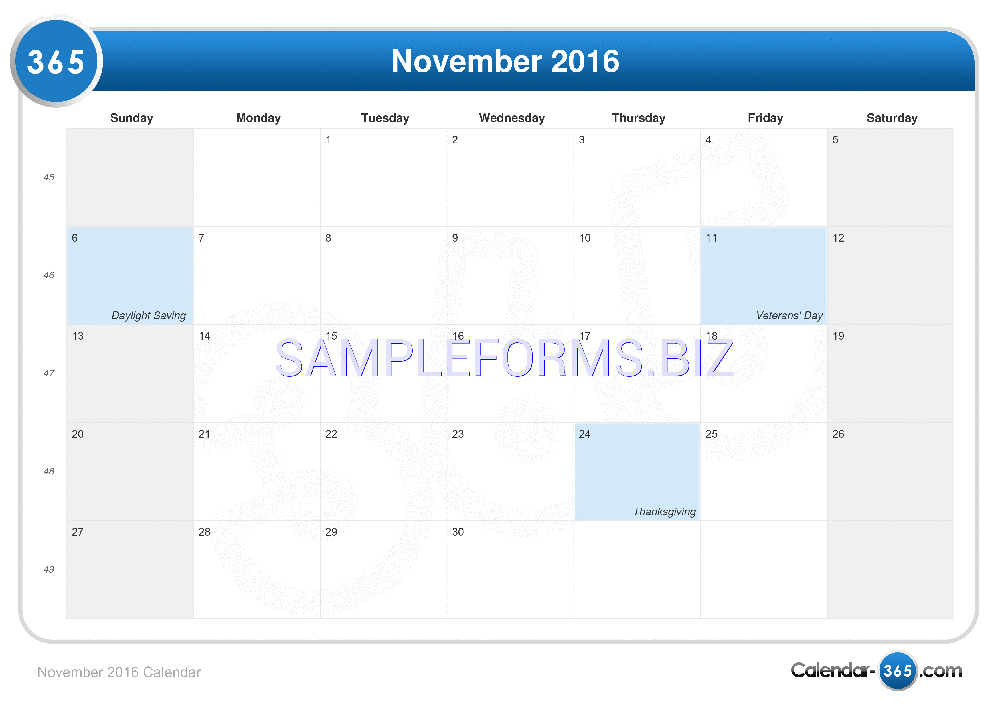 Preview free downloadable November 2016 Calendar 2 in PDF (page 1)
